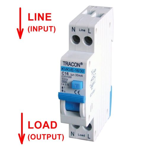 Tracon KVKVE-13/30, Kombinált védőkapcsoló, elektronikus, 2P, C karakterisztika C13, 30mA, 6kA, AC, E3