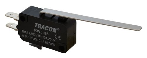 Tracon KW3-25 Helyzetkapcsoló, mikro, rugószáras 1×CO 10(3)A/230V, 52mm, 4,8x0,8 mm, IP00