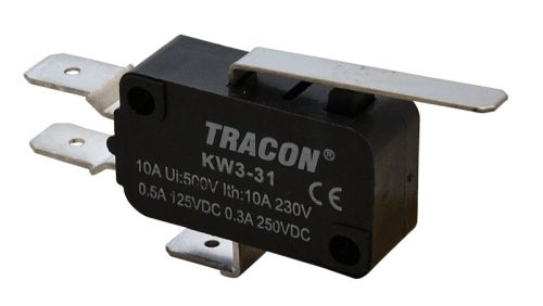 Tracon KW3-31 Helyzetkapcsoló, mikro, rugószáras 1×CO 10(3)A/230V, 28mm, 6,3x0,8 mm, IP00
