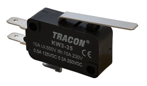 Tracon KW3-35 Helyzetkapcsoló, mikro, rugószáras 1×CO 10(3)A/230V, 28mm, 4,8x0,8 mm, IP00