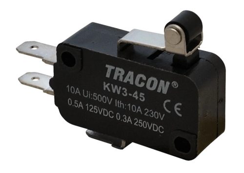 Tracon KW3-45 Helyzetkapcsoló, mikro, karos-görgős 1×CO 10(3)A/230V, 15mm, 4,8x0,8 mm, IP00