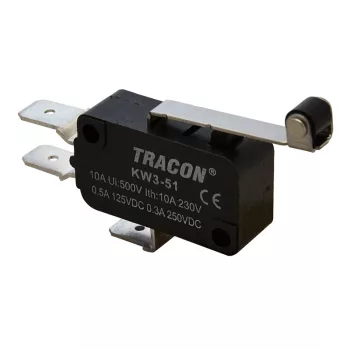   Tracon KW3-51 Helyzetkapcsoló, mikro, karos-görgős 1×CO 10(3)A/230V, 28mm, 6,3x0,8 mm, IP00