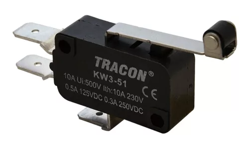 Tracon KW3-51 Helyzetkapcsoló, mikro, karos-görgős 1×CO 10(3)A/230V, 28mm, 6,3x0,8 mm, IP00