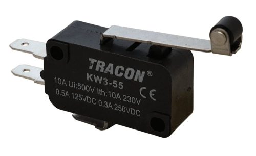 Tracon KW3-55 Helyzetkapcsoló, mikro, karos-görgős 1×CO 10(3)A/230V, 28mm, 4,8x0,8 mm, IP00