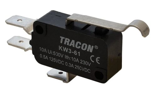 Tracon KW3-61 Helyzetkapcsoló, mikro, íves-rugószár 1×CO 10(3)A/230V, 28mm, 6,3x0,8 mm, IP00