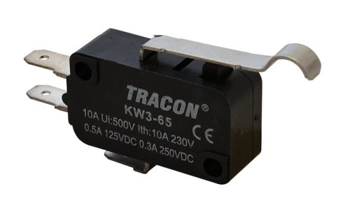 Tracon KW3-65 Helyzetkapcsoló, mikro, íves-rugószár 1×CO 10(3)A/230V, 28mm, 4,8x0,8 mm, IP00