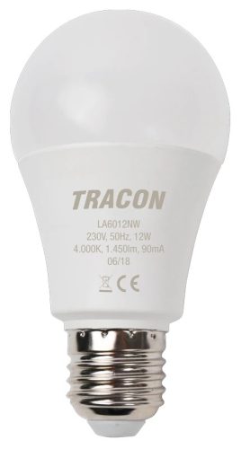 Tracon LA6012NW, Gömb burájú LED fényforrás 230 V, 50 Hz, 12 W,4000 K, E27, 1450 lm, 250°, A60, 