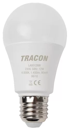 Tracon LA6012NW, Gömb burájú LED fényforrás 230 V, 50 Hz, 12 W,4000 K, E27, 1450 lm, 250°, A60,