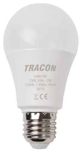 Tracon LA6012W, Gömb burájú LED fényforrás 230 V, 50 Hz, 12 W, 2700 K, E27, 1430 lm, 250°, A60,