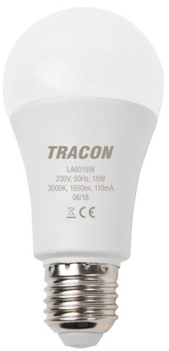 Tracon LA6015NW, Gömb burájú LED fényforrás 230 V, 50 Hz, 15 W, 4000 K, E27, 1650 lm, 250°, A60,