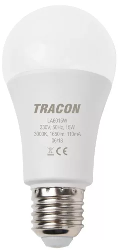 Tracon LA6015W, Gömb búrájú LED fényforrás 230 VAC, 15 W, 2700 K, E27, 1620 lm, 250°, A60,