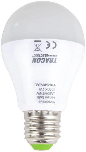 Tracon LA60M7NW, LED fényforrás beépített mozgásérzékelővel 110-240 V, 50/60 Hz, 7W,600lm,4000K,360°,60s,5m,<20lx,