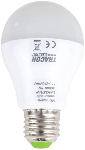 Tracon LA60M7NW, LED fényforrás beépített mozgásérzékelővel 110-240 V, 50/60 Hz, 7W,600lm,4000K,360°,60s,5m,<20lx,