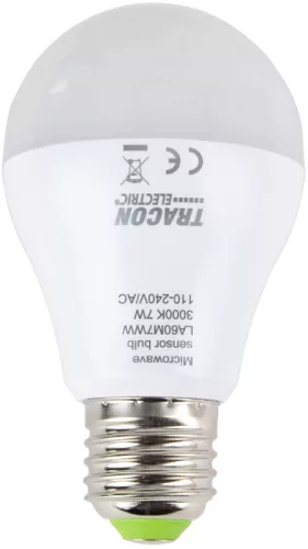 Tracon LA60M7WW, LED fényforrás beépített mozgásérzékelővel 110-240 V, 50/60 Hz, 7W,600lm,2700K,360°,60s,5m,<20lx,