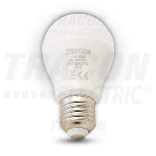 Tracon LAD6010NW, Fényerő-szabályozható gömb burájú LED fényforrás 230 V, 50 Hz, 10 W, 4000 K, E27, 800 lm, 250°, A60, 