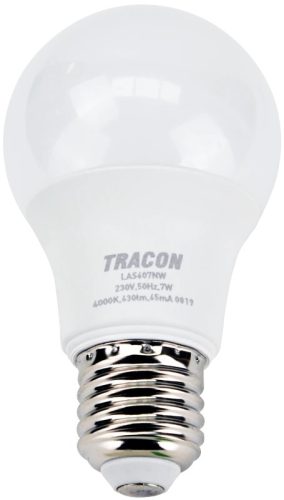 Tracon LAS607NW, Gömb burájú LED fényforrás SAMSUNG chippel 230V,50Hz,7W,4000K,E27,630 lm,200°,A60,SAMSUNG chip,