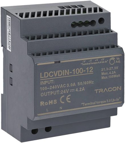 Tracon LDCVDIN-100-12 DIN sínre szerelhető tápegységszabályozható DC kimenettel 100-200VAC,3A/DC12V,7,1A/85,2W