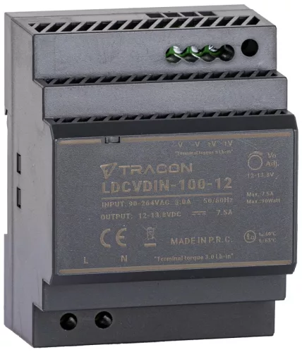 Tracon LDCVDIN-100-12 DIN sínre szerelhető tápegységszabályozható DC kimenettel 100-200VAC,3A/DC12V,7,1A/85,2W