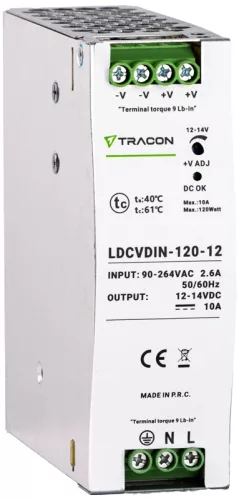 Tracon LDCVDIN-120-12 DIN sínre szerelhető tápegységszabályozható DC kimenettel 100-200VAC,2,6A/DC12V,10A/120W