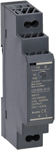 Tracon LDCVDIN-15-12 DIN sínre szerelhető tápegységszabályozható DC kimenettel 100-200VAC,0,5A/DC12V,1,25A/15W