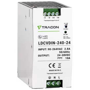   Tracon LDCVDIN-240-24 DIN sínre szerelhető tápegységszabályozható DC kimenettel 100-200VAC,2,8A/DC24V,10A/240W