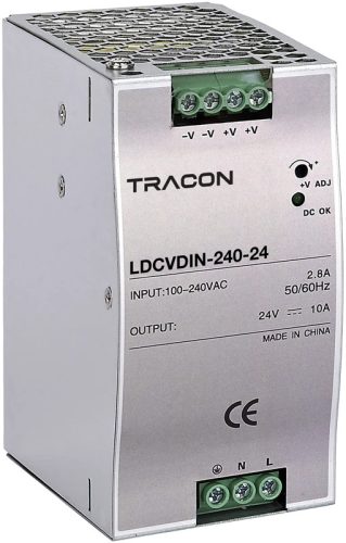 Tracon LDCVDIN-240-24 DIN sínre szerelhető tápegységszabályozható DC kimenettel 100-200VAC,2,8A/DC24V,10A/240W
