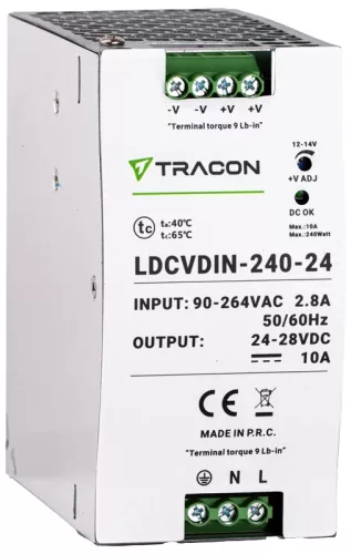 Tracon LDCVDIN-240-24 DIN sínre szerelhető tápegységszabályozható DC kimenettel 100-200VAC,2,8A/DC24V,10A/240W