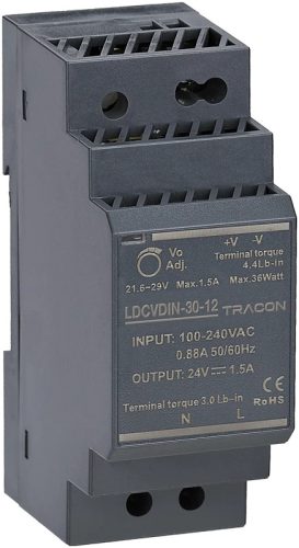 Tracon LDCVDIN-30-12 DIN sínre szerelhető tápegységszabályozható DC kimenettel 100-200VAC,0,88A/DC12V,2A/24W