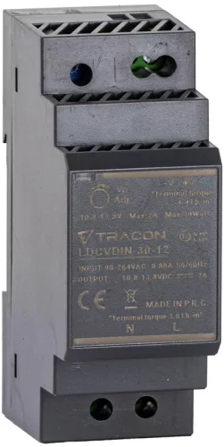 Tracon LDCVDIN-30-12 DIN sínre szerelhető tápegységszabályozható DC kimenettel 100-200VAC,0,88A/DC12V,2A/24W