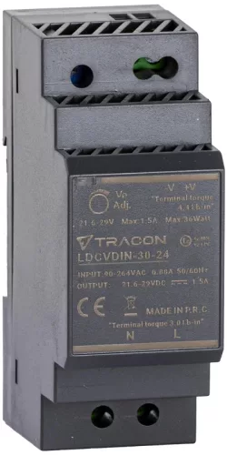 Tracon LDCVDIN-30-24 DIN sínre szerelhető tápegységszabályozható DC kimenettel 100-200VAC,0,88A/DC24V,1,5A/36W