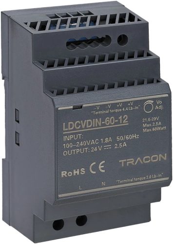 Tracon LDCVDIN-60-12 DIN sínre szerelhető tápegységszabályozható DC kimenettel 100-200VAC,3A/DC12V,4,5A/54W
