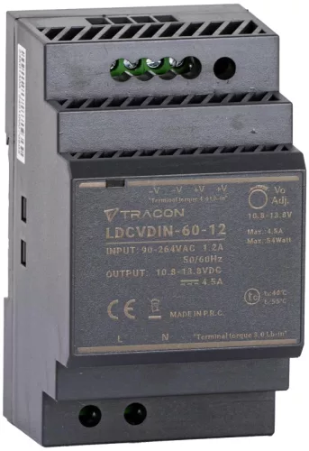 Tracon LDCVDIN-60-12 DIN sínre szerelhető tápegységszabályozható DC kimenettel 100-200VAC,3A/DC12V,4,5A/54W