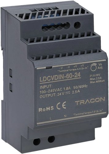 Tracon LDCVDIN-60-24 DIN sínre szerelhető tápegységszabályozható DC kimenettel 100-200VAC,3A/DC24V,2,5A/60W