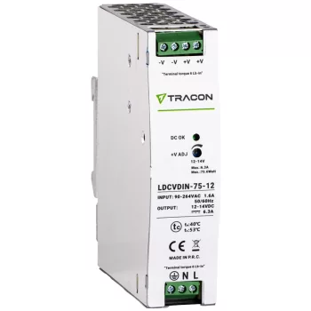   Tracon LDCVDIN-75-12 DIN sínre szerelhető tápegységszabályozható DC kimenettel 100-200VAC,1,6A/DC12V,6,3A/75W