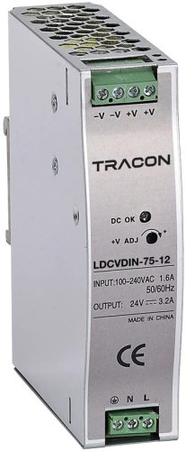 Tracon LDCVDIN-75-12 DIN sínre szerelhető tápegységszabályozható DC kimenettel 100-200VAC,1,6A/DC12V,6,3A/75W