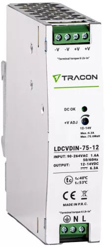 Tracon LDCVDIN-75-12 DIN sínre szerelhető tápegységszabályozható DC kimenettel 100-200VAC,1,6A/DC12V,6,3A/75W
