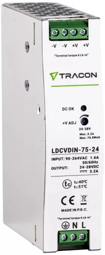 Tracon LDCVDIN-75-24 DIN sínre szerelhető tápegységszabályozható DC kimenettel 100-200VAC,1,6A/DC24V,3,2A/75W