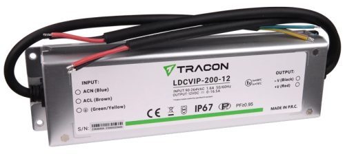 Tracon LDCVIP-200-12 Védett fém házas LED meghajtó 90-264VAC/12VDC,200W,0-16,5A, IP67