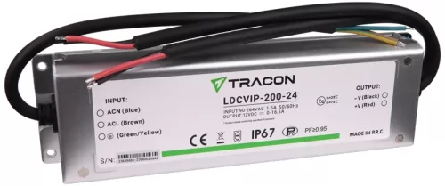 Tracon LDCVIP-200-24 Védett fém házas LED meghajtó 90-264VAC/24VDC,200W,0-8,5A, IP67