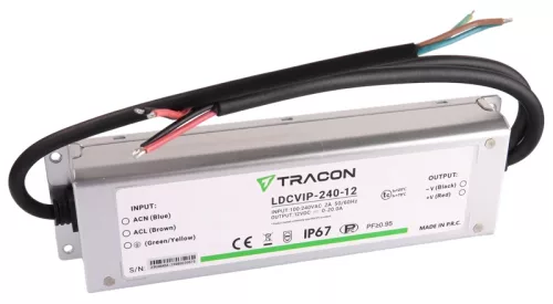 Tracon LDCVIP-240-12 Védett fém házas LED meghajtó 100-240VAC/12VDC,240W,0-20A, IP67