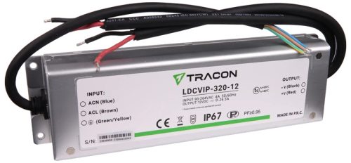 Tracon LDCVIP-320-12 Védett fém házas LED meghajtó 90-264VAC/12VDC,320W,0-26.5A, IP67