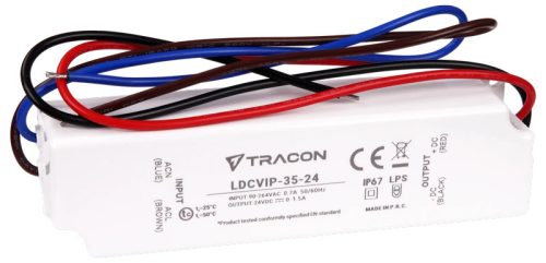 Tracon LDCVIP-35-24 Védett műanyag házas LED meghajtó 90-264VAC/24VDC,35W,0-1,5A, IP67