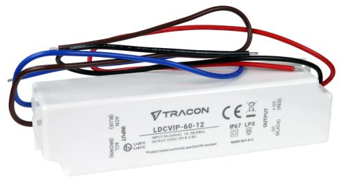 Tracon LDCVIP-60-12 Védett műanyag házas LED meghajtó 90-264VAC/12VDC,60W,0-5A, IP67