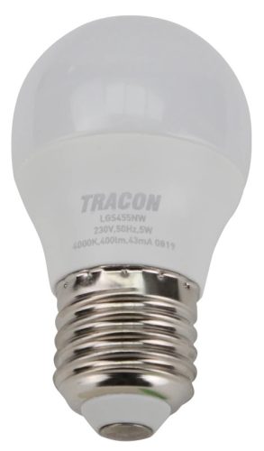 Tracon LGS455W, Gömb burájú LED fényforrás SAMSUNG chippel 230V,50Hz,5W,3000K,E27,380lm,180°,G45,SAMSUNG chip,