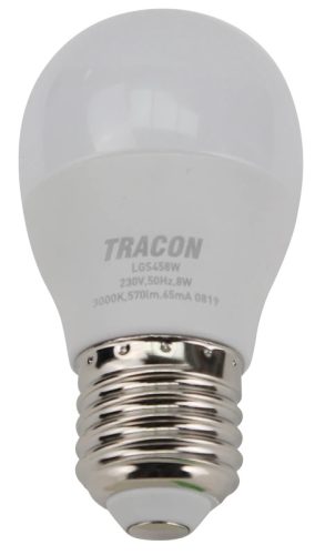 Tracon LGS458W, Gömb burájú LED fényforrás SAMSUNG chippel 230V,50Hz,8W,3000K,E27,570lm,180°,G45,SAMSUNG chip,