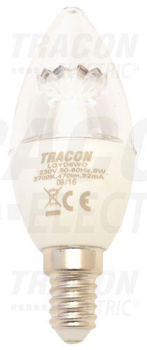 Tracon LGYD6WO, Fényerő-szabályozható gyertya burájú LED fényforrás 230 V, 50 Hz, E14, 6 W, 470 lm, 2700 K, 240°, 