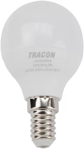 Tracon LMGC455NW gömb burájú G45 LED fényforrás CREE chippel, 5W, 4000K természetes fehér, E14 foglalat, 460 lm, 180°
