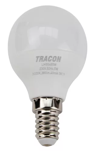 Tracon LMGC455W gömb burájú G45 LED fényforrás CREE chippel, 5W, 3000K meleg fehér, E14 foglalat, 430 lm, 180°