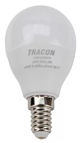 Tracon LMGC458NW gömb burájú G45 LED fényforrás CREE chippel, 8W, 4000K természetes fehér, E14 foglalat, 720 lm, 180°