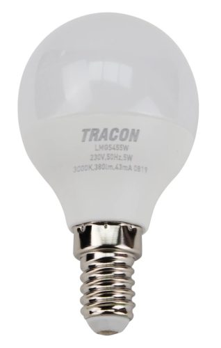 Tracon LMGS455W, Gömb burájú LED fényforrás SAMSUNG chippel 230V,50Hz,5W,3000K,E14,380lm,180°,G45,SAMSUNG chip,